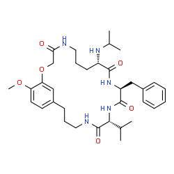 ChemSpider 2D Image | (9S,12S,15R)-12-Benzyl-15-isopropyl-9-(isopropylamino)-24-methoxy-2-oxa-5,11,14,17-tetraazabicyclo[19.3.1]pentacosa-1(25),21,23-triene-4,10,13,16-tetrone | C34H49N5O6