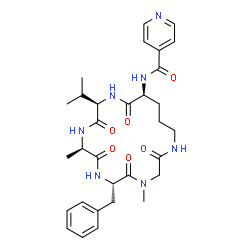 ChemSpider 2D Image | N-[(6S,9R,12R,15S)-6-Benzyl-12-isopropyl-4,9-dimethyl-2,5,8,11,14-pentaoxo-1,4,7,10,13-pentaazacyclooctadecan-15-yl]isonicotinamide | C31H41N7O6