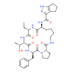 ChemSpider 2D Image | N-{(7S,10S,13S,16R,21aS)-16-Benzyl-10-ethyl-13-[(1R)-1-hydroxyethyl]-1,8,11,14,17-pentaoxoicosahydro-1H-pyrrolo[2,1-c][1,4,7,10,13]pentaazacyclononadecin-7-yl}-1,4,5,6-tetrahydrocyclopenta[c]pyrazole-
3-carboxamide | C35H48N8O7