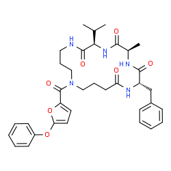 ChemSpider 2D Image | (2S,5R,8R)-2-Benzyl-8-isopropyl-5-methyl-14-(5-phenoxy-2-furoyl)-1,4,7,10,14-pentaazacyclooctadecane-3,6,9,18-tetrone | C35H43N5O7
