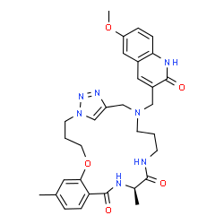 ChemSpider 2D Image | (14R)-20-[(6-Methoxy-2-oxo-1,2-dihydro-3-quinolinyl)methyl]-8,14-dimethyl-5-oxa-1,13,16,20,23,24-hexaazatricyclo[20.2.1.0~6,11~]pentacosa-6,8,10,22(25),23-pentaene-12,15-dione | C31H37N7O5