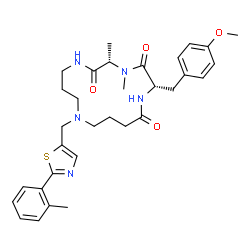 ChemSpider 2D Image | (2S,5S)-2-(4-Methoxybenzyl)-4,5-dimethyl-11-{[2-(2-methylphenyl)-1,3-thiazol-5-yl]methyl}-1,4,7,11-tetraazacyclopentadecane-3,6,15-trione | C32H41N5O4S