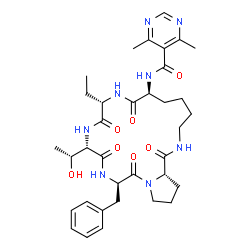 ChemSpider 2D Image | N-{(7S,10S,13S,16R,21aS)-16-Benzyl-10-ethyl-13-[(1R)-1-hydroxyethyl]-1,8,11,14,17-pentaoxoicosahydro-1H-pyrrolo[2,1-c][1,4,7,10,13]pentaazacyclononadecin-7-yl}-4,6-dimethyl-5-pyrimidinecarboxamide | C35H48N8O7