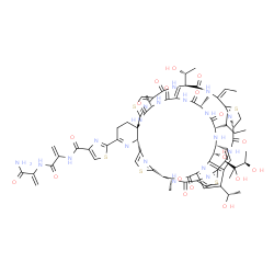 ChemSpider 2D Image | N-{3-[(3-Amino-3-oxo-1-propen-2-yl)amino]-3-oxo-1-propen-2-yl}-2-[(1R,8S,11E,15S,18S,25S,26R,35R,37S,40S,46S,53R,59S)-37-[(2R)-2-butanyl]-18-[(2R,3R)-2,3-dihydroxy-2-butanyl]-11-ethylidene-59-hydroxy-
8-[(1R)-1-hydroxyethyl]-31-[(1S)-1-hydroxyethyl]-26,40,46-trimethyl-43-methylene-6,9,16,23,28,38,41,44,47-nonaoxo-27-oxa-3,13,20,56-tetrathia-7,10,17,24,36,39,42,45,48,52,58,61,62,63,64-pentadecaazano
nacyclo[23.23.9.3~29,35~.1~2,5~.1~12,15~.1~19,22~.1~54,57~.0~1,53~.0~32,60~]tetrahexaconta-2(64),4,12(63),19(62),21,29,31,33,51,54,57,60-dodecaen-51-yl]-1,3-thiazole-4-carboxamide | C72H85N19O18S5