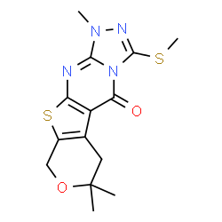 ChemSpider 2D Image | 1,7,7-Trimethyl-3-(methylsulfanyl)-1,6,7,9-tetrahydro-5H-pyrano[4',3':4,5]thieno[2,3-d][1,2,4]triazolo[4,3-a]pyrimidin-5-one | C14H16N4O2S2