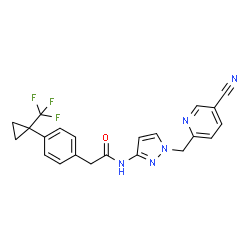 ChemSpider 2D Image | N-{1-[(5-cyanopyridin-2-yl)methyl]pyrazol-3-yl}-2-{4-[1-(trifluoromethyl)cyclopropyl]phenyl}acetamide | C22H18F3N5O