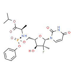 ChemSpider 2D Image | Isopropyl (2R)-2-{[(R)-{[(2S,3S,4S,5S)-5-(2,4-dioxo-3,4-dihydro-1(2H)-pyrimidinyl)-4-fluoro-3-hydroxy-4-methyltetrahydro-2-furanyl]methoxy}(phenoxy)phosphoryl]amino}propanoate (non-preferred name) | C22H29FN3O9P