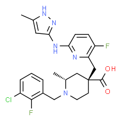ChemSpider 2D Image | (2R,4R)-1-(3-Chloro-2-fluorobenzyl)-4-({3-fluoro-6-[(5-methyl-1H-pyrazol-3-yl)amino]-2-pyridinyl}methyl)-2-methyl-4-piperidinecarboxylic acid | C24H26ClF2N5O2