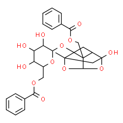 ChemSpider 2D Image | {3-[(6-O-Benzoylhexopyranosyl)oxy]-6-hydroxy-8-methyl-9,10-dioxatetracyclo[4.3.1.0~2,5~.0~3,8~]dec-2-yl}methyl benzoate | C30H32O12