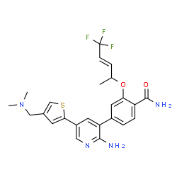 ChemSpider 2D Image | 4-(2-Amino-5-{4-[(dimethylamino)methyl]-2-thienyl}-3-pyridinyl)-2-{[(3E)-5,5,5-trifluoro-3-penten-2-yl]oxy}benzamide | C24H25F3N4O2S