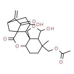 ChemSpider 2D Image | (9,14-Dihydroxy-7-methyl-17-methylene-2,18-dioxo-3,10-dioxapentacyclo[14.2.1.0~1,13~.0~4,12~.0~8,12~]nonadec-7-yl)methyl acetate | C22H28O8
