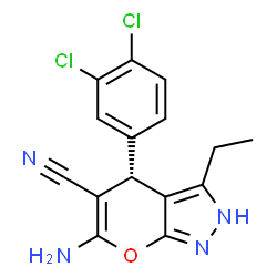 ChemSpider 2D Image | (4S)-6-Amino-4-(3,4-dichlorophenyl)-3-ethyl-2,4-dihydropyrano[2,3-c]pyrazole-5-carbonitrile | C15H12Cl2N4O