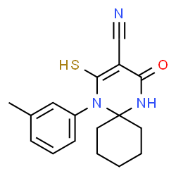 ChemSpider 2D Image | 1-(3-Methylphenyl)-4-oxo-2-sulfanyl-1,5-diazaspiro[5.5]undec-2-ene-3-carbonitrile | C17H19N3OS