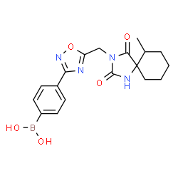 ChemSpider 2D Image | (4-{5-[(6-Methyl-2,4-dioxo-1,3-diazaspiro[4.5]dec-3-yl)methyl]-1,2,4-oxadiazol-3-yl}phenyl)boronic acid | C18H21BN4O5