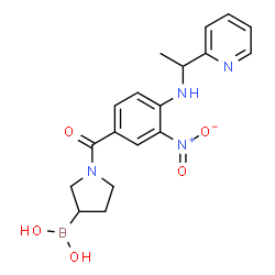 ChemSpider 2D Image | [1-(3-Nitro-4-{[1-(2-pyridinyl)ethyl]amino}benzoyl)-3-pyrrolidinyl]boronic acid | C18H21BN4O5