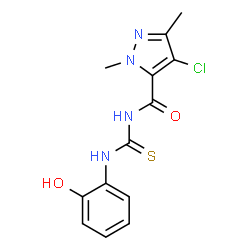 ChemSpider 2D Image | 4-Chloro-N-[(2-hydroxyphenyl)carbamothioyl]-1,3-dimethyl-1H-pyrazole-5-carboxamide | C13H13ClN4O2S