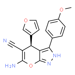 ChemSpider 2D Image | (4R)-6-Amino-4-(3-furyl)-3-(4-methoxyphenyl)-2,4-dihydropyrano[2,3-c]pyrazole-5-carbonitrile | C18H14N4O3