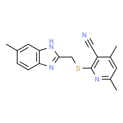ChemSpider 2D Image | 4,6-Dimethyl-2-{[(6-methyl-1H-benzimidazol-2-yl)methyl]sulfanyl}nicotinonitrile | C17H16N4S