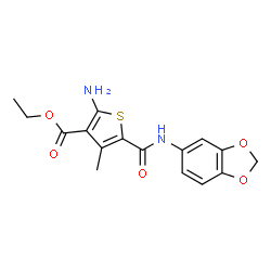 ChemSpider 2D Image | Ethyl 2-amino-5-(1,3-benzodioxol-5-ylcarbamoyl)-4-methyl-3-thiophenecarboxylate | C16H16N2O5S