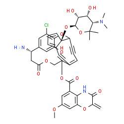 ChemSpider 2D Image | (7S,20R)-7-Amino-4-chloro-20-{[(2S,3R,4R,5S)-5-(dimethylamino)-3,4-dihydroxy-6,6-dimethyltetrahydro-2H-pyran-2-yl]oxy}-25-hydroxy-9-oxo-2,10-dioxatetracyclo[11.7.3.2~3,6~.0~16,20~]pentacosa-3,5,13(23)
,16,18,24-hexaene-14,21-diyn-12-yl 7-methoxy-2-methylene-3-oxo-3,4-dihydro-2H-1,4-benzoxazine-5-carboxylate (non-preferred name) | C43H42ClN3O13