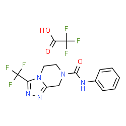 ChemSpider 2D Image | N-Phenyl-3-(trifluoromethyl)-5,6-dihydro[1,2,4]triazolo[4,3-a]pyrazine-7(8H)-carboxamide trifluoroacetate (1:1) | C15H13F6N5O3