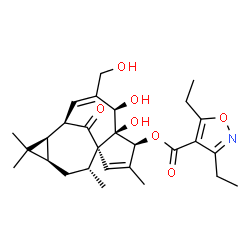 ChemSpider 2D Image | (1S,4S,5S,6R,9R,10R,12R,14R)-5,6-Dihydroxy-7-(hydroxymethyl)-3,11,11,14-tetramethyl-15-oxotetracyclo[7.5.1.0~1,5~.0~10,12~]pentadeca-2,7-dien-4-yl 3,5-diethyl-1,2-oxazole-4-carboxylate | C28H37NO7