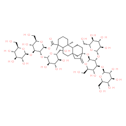 ChemSpider 2D Image | beta-D-Glucopyranosyl-(1->2)-[beta-D-glucopyranosyl-(1->3)]-1-O-[(5xi,8alpha,9beta,10alpha,13alpha)-13-{[beta-D-glucopyranosyl-(1->2)-[beta-D-glucopyranosyl-(1->3)]-beta-D-glucopyranosyl]oxy}-18-oxoka
ur-16-en-18-yl]-beta-D-glucopyranose | C56H90O33