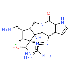 ChemSpider 2D Image | (3aS,5'R,9aR,10S,11R,12R)-2,2'-Diamino-10-(aminomethyl)-11-chloro-5'-hydroxy-1',3a,5',6,9a,10,11,12a-octahydro-9H-spiro[cyclopenta[a]imidazo[4,5-h]pyrrolo[2,3-f]indolizine-12,4'-imidazol]-7(1H)-one | C17H22ClN9O2