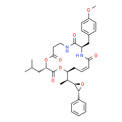 ChemSpider 2D Image | (3S,10R,13Z,16S)-3-Isobutyl-10-(4-methoxybenzyl)-16-{(1S)-1-[(2R,3R)-3-phenyl-2-oxiranyl]ethyl}-1,4-dioxa-8,11-diazacyclohexadec-13-ene-2,5,9,12-tetrone | C34H42N2O8