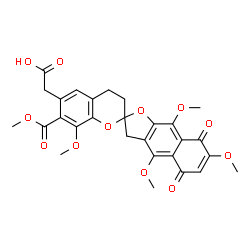 ChemSpider 2D Image | [4',7',8,9'-Tetramethoxy-7-(methoxycarbonyl)-5',8'-dioxo-3,4,5',8'-tetrahydro-3'H-spiro[chromene-2,2'-naphtho[2,3-b]furan]-6-yl]acetic acid | C28H26O12