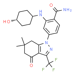 ChemSpider 2D Image | 4-[6,6-Dimethyl-4-oxo-3-(trifluoromethyl)-4,5,6,7-tetrahydro-1H-indazol-1-yl]-2-[(4-hydroxycyclohexyl)amino]benzamide | C23H27F3N4O3