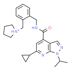 ChemSpider 2D Image | 1-[2-({[(6-Cyclopropyl-1-isopropyl-1H-pyrazolo[3,4-b]pyridin-4-yl)carbonyl]amino}methyl)benzyl]pyrrolidinium | C25H32N5O