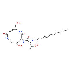 ChemSpider 2D Image | (2E,4E)-N-[(3R)-3-Hydroxy-1-{[(3Z,10R)-10-hydroxy-5-(hydroxymethyl)-2,7-dioxo-1,6-diazacyclododec-3-en-8-yl]amino}-1-oxo-2-butanyl]-2,4-dodecadienamide | C27H44N4O7