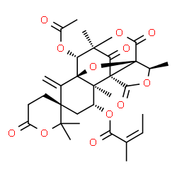 ChemSpider 2D Image | (1'S,2'S,3S,3'R,7'R,8'S,9'R,12'R,13'R)-8'-Acetoxy-2,2,2',9',13'-pentamethyl-6'-methylene-6,11',15',16'-tetraoxodihydro-4H-spiro[pyran-3,5'-[10,14,17]trioxapentacyclo[7.6.1.1~7,12~.0~1,12~.0~2,7~]hepta
decan]-3'-yl (2Z)-2-methyl-2-butenoate | C31H36O12