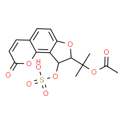 ChemSpider 2D Image | 2-[2-Oxo-9-(sulfooxy)-8,9-dihydro-2H-furo[2,3-h]chromen-8-yl]-2-propanyl acetate | C16H16O9S