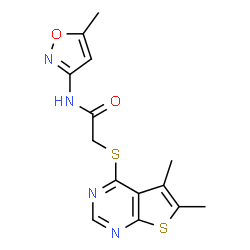 ChemSpider 2D Image | 2-[(5,6-Dimethylthieno[2,3-d]pyrimidin-4-yl)sulfanyl]-N-(5-methyl-1,2-oxazol-3-yl)acetamide | C14H14N4O2S2