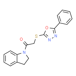 ChemSpider 2D Image | 1-(2,3-Dihydro-indol-1-yl)-2-(5-phenyl-[1,3,4]oxadiazol-2-ylsulfanyl)-ethanone | C18H15N3O2S