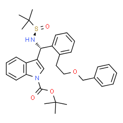 ChemSpider 2D Image | 2-Methyl-2-propanyl 3-[(R)-{2-[2-(benzyloxy)ethyl]phenyl}{[(R)-(2-methyl-2-propanyl)sulfinyl]amino}methyl]-1H-indole-1-carboxylate | C33H40N2O4S