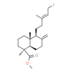ChemSpider 2D Image | Methyl (1S,4aR,5S,8aR)-5-[(3E)-5-iodo-3-methyl-3-penten-1-yl]-1,4a-dimethyl-6-methylenedecahydro-1-naphthalenecarboxylate | C21H33IO2