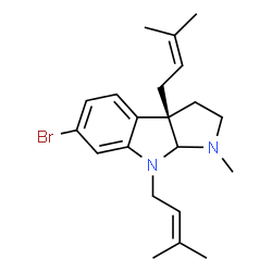 ChemSpider 2D Image | (3aS)-6-Bromo-1-methyl-3a,8-bis(3-methyl-2-buten-1-yl)-1,2,3,3a,8,8a-hexahydropyrrolo[2,3-b]indole | C21H29BrN2
