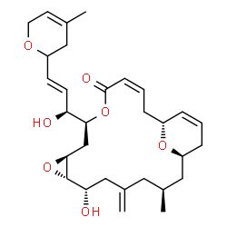 ChemSpider 2D Image | (1R,3S,7S,8S,10S,12S,15Z,18R)-7-Hydroxy-12-[(1S,2E)-1-hydroxy-3-(4-methyl-3,6-dihydro-2H-pyran-2-yl)-2-propen-1-yl]-3-methyl-5-methylene-9,13,22-trioxatricyclo[16.3.1.0~8,10~]docosa-15,19-dien-14-one | C30H42O7