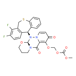 ChemSpider 2D Image | ({(12aR)-12-[(11S)-7,8-Difluoro-6,11-dihydrodibenzo[b,e]thiepin-11-yl]-6,8-dioxo-3,4,6,8,12,12a-hexahydro-2H-[1,3]oxazino[2,3-c]pyrido[2,1-f][1,2,4]triazin-7-yl}oxy)methyl methyl carbonate | C27H23F2N3O7S