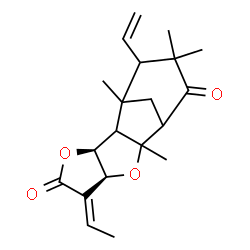 ChemSpider 2D Image | (3S,6E,7S)-6-Ethylidene-1,9,12,12-tetramethyl-13-vinyl-4,8-dioxatetracyclo[8.3.1.0~2,9~.0~3,7~]tetradecane-5,11-dione | C20H26O4
