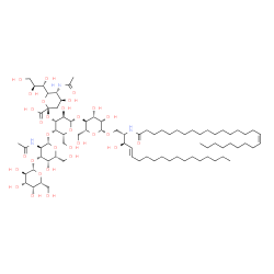 ChemSpider 2D Image | (2S,3R,4E)-2-[(17Z)-17-Hexacosenoylamino]-3-hydroxy-4-octadecen-1-yl 5-acetamido-3,5-dideoxy-6-[(1S,2S)-1,2,3-trihydroxypropyl]-beta-L-threo-hex-2-ulopyranonosyl-(2->3)-[beta-D-galactopyranosyl-(1->3)
-2-acetamido-2-deoxy-beta-D-galactopyranosyl-(1->4)]-beta-D-galactopyranosyl-(1->4)-beta-D-mannopyranoside | C81H145N3O31