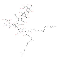 ChemSpider 2D Image | (2S,3R)-3-Hydroxy-2-[(9Z)-9-octadecenoylamino]-4-octadecen-1-yl 5-acetamido-3,5-dideoxy-6-[(1R,2R)-1,2,3-trihydroxypropyl]-beta-L-threo-hex-2-ulopyranonosyl-(2->3)-[5-acetamido-3,5-dideoxy-6-[(1R,2R)-
1,2,3-trihydroxypropyl]-beta-L-threo-hex-2-ulopyranonosyl-(2->3)-beta-D-galactopyranosyl-(1->3)-2-deoxy-2-(2-oxopropyl)-beta-D-galactopyranosyl-(1->4)]-beta-D-galactopyranosyl-(1->4)-beta-D-glucopyran
oside | C85H147N3O39