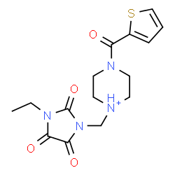 ChemSpider 2D Image | 1-[(3-Ethyl-2,4,5-trioxo-1-imidazolidinyl)methyl]-4-(2-thienylcarbonyl)piperazin-1-ium | C15H19N4O4S