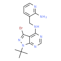 ChemSpider 2D Image | N-[(2-Amino-3-pyridinyl)methyl]-3-bromo-1-(2-methyl-2-propanyl)-1H-pyrazolo[3,4-d]pyrimidin-4-amine | C15H18BrN7