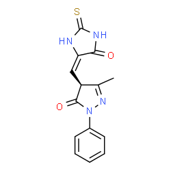ChemSpider 2D Image | (4S)-5-Methyl-4-[(E)-(5-oxo-2-thioxo-4-imidazolidinylidene)methyl]-2-phenyl-2,4-dihydro-3H-pyrazol-3-one | C14H12N4O2S