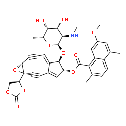 ChemSpider 2D Image | (1aS,5R,6R,6aE,9aR)-6-{[2,6-Dideoxy-2-(methylamino)-alpha-D-galactopyranosyl]oxy}-1a-[(4S)-2-oxo-1,3-dioxolan-4-yl]-2,3,8,9-tetradehydro-1a,5,6,9a-tetrahydrocyclopenta[5,6]cyclonona[1,2-b]oxiren-5-yl 
7-methoxy-2,5-dimethyl-1-naphthoate | C36H35NO11