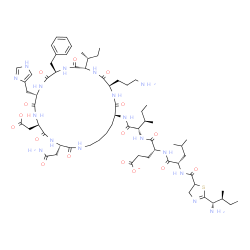 ChemSpider 2D Image | N-({2-[(1S,2S)-1-Amino-2-methylbutyl]-4,5-dihydro-1,3-thiazol-5-yl}carbonyl)-L-leucyl-5-oxidanidyl-5-oxidanylidene-D-norvalyl-N-[(3S,6R,9S,12R,15S,18R,21S)-3-(2-amino-2-oxoethyl)-18-(3-aminopropyl)-12
-benzyl-15-[(2R)-2-butanyl]-6-(carboxymethyl)-9-(1H-imidazol-4-ylmethyl)-2,5,8,11,14,17,20-heptaoxo-1,4,7,10,13,16,19-heptaazacyclopentacosan-21-yl]-L-alloisoleucinamide | C66H102N17O16S